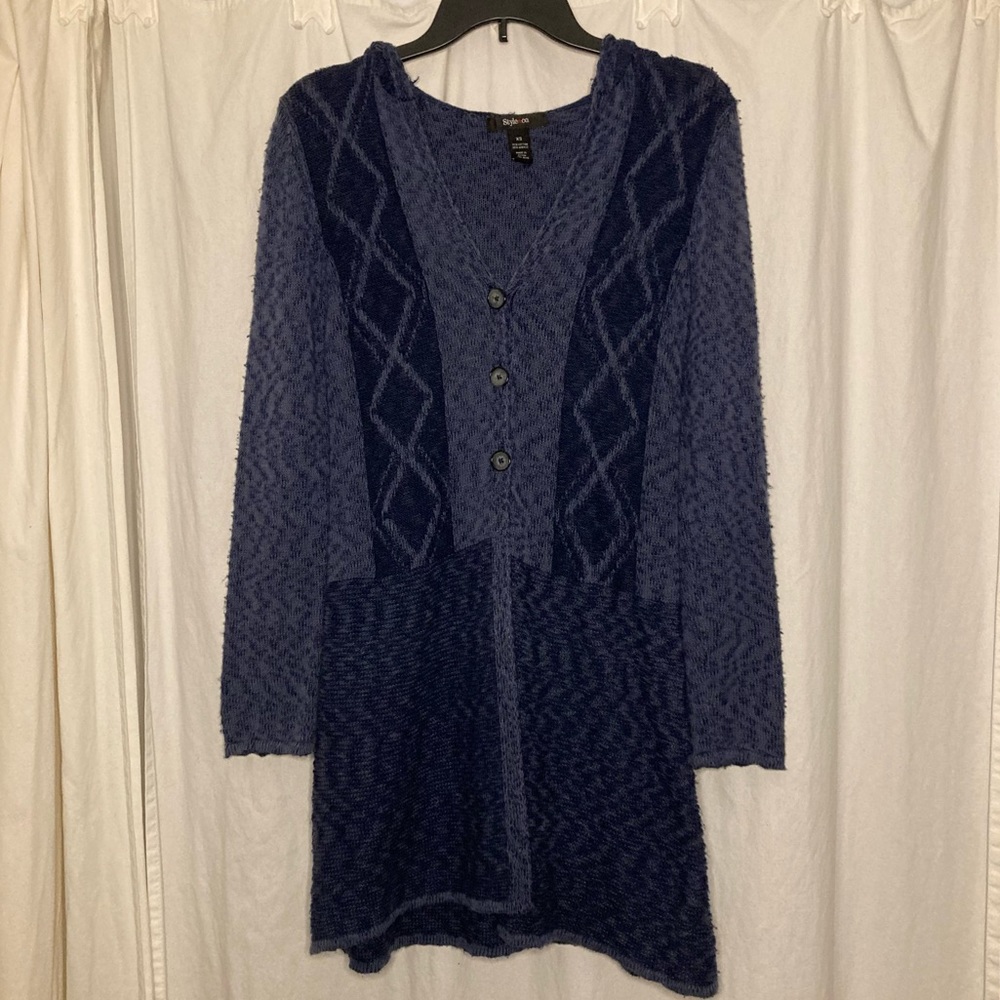 Style & Co Navy Blue Knitted, With Hood, Button-Down Long Sweater, Size XS
